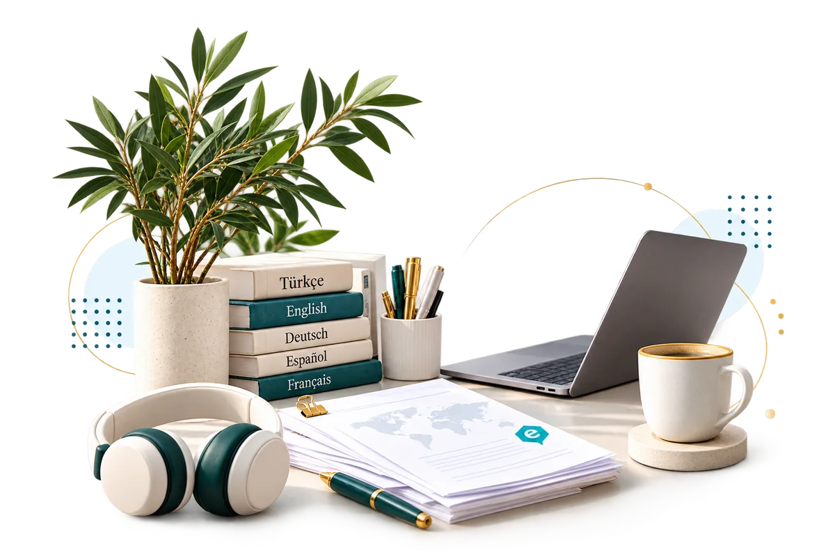 Translator workspace with language books and translation documents